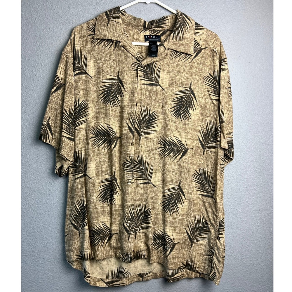 Axcess Lg Men Tan Brown Palm Leaf Rayon Short Sleeve Novelty Hawaiian Shirt